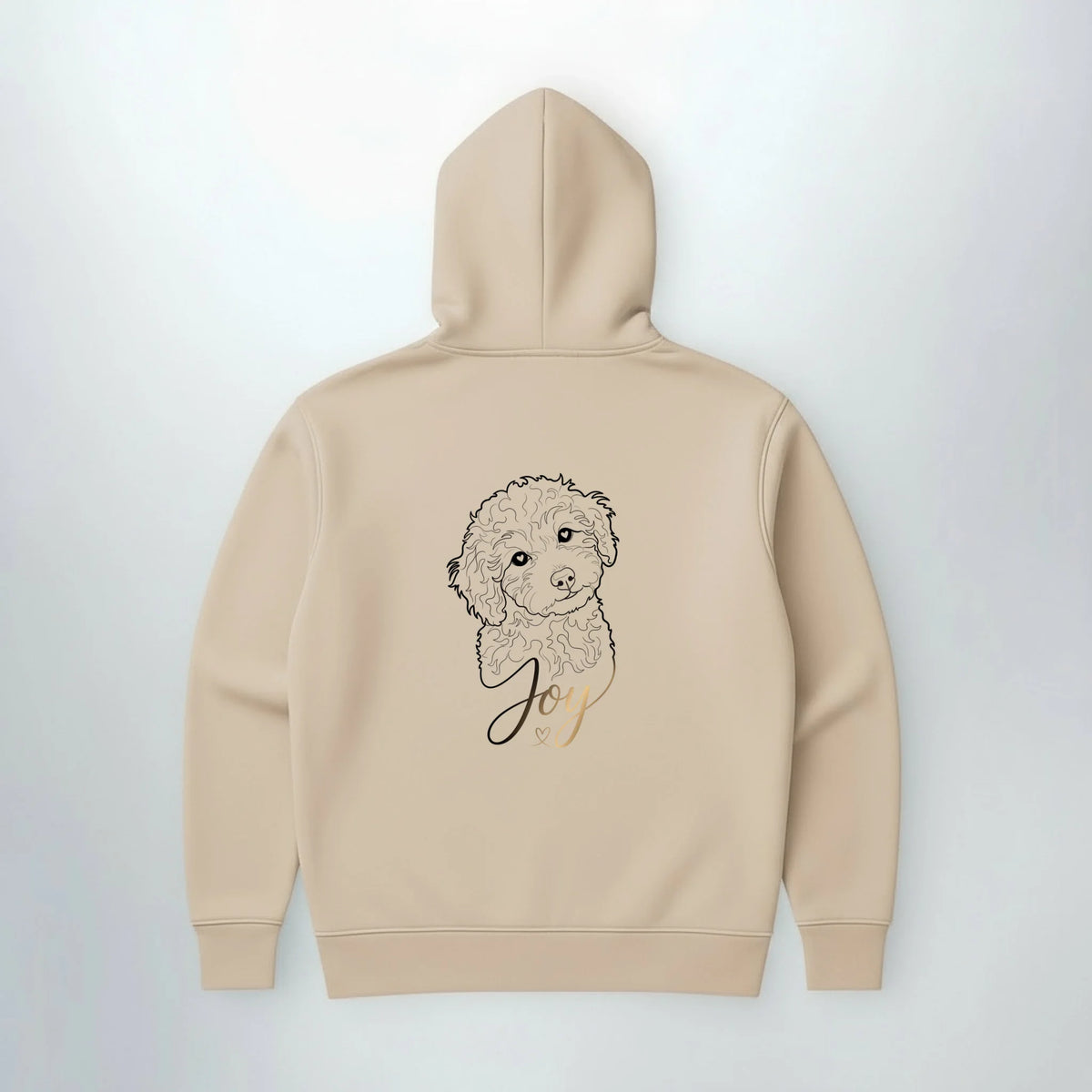 Hoodie in Sand mit Line-Art Zeichnung vom Pudel und goldenem Namen Joy
