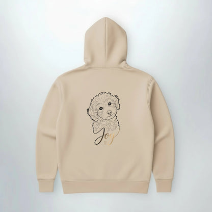 Hoodie in Sand mit Line-Art Zeichnung vom Pudel und goldenem Namen Joy