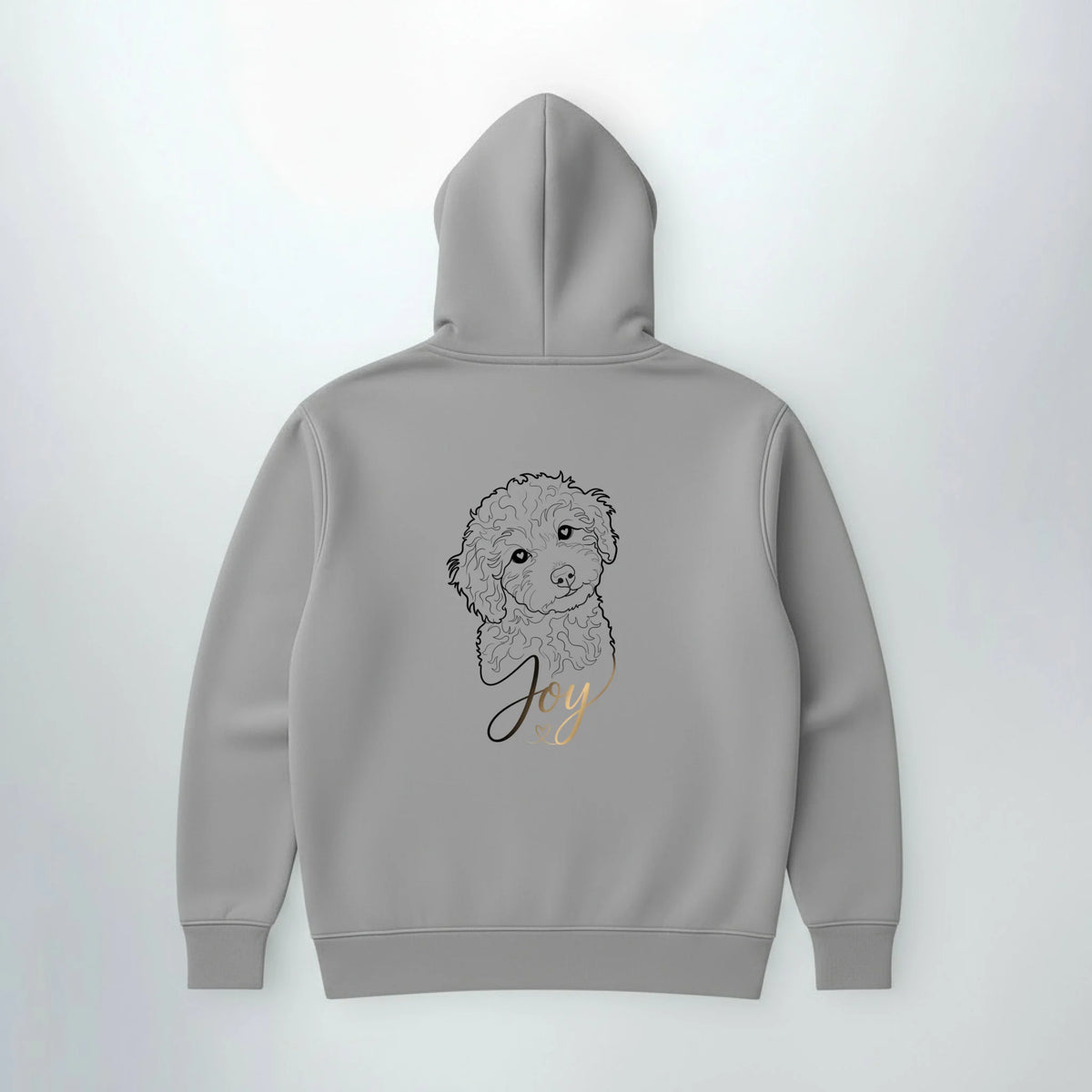 Grauer Hoodie mit Hundemotiv als Line-Art und Name Joy, Rückansicht