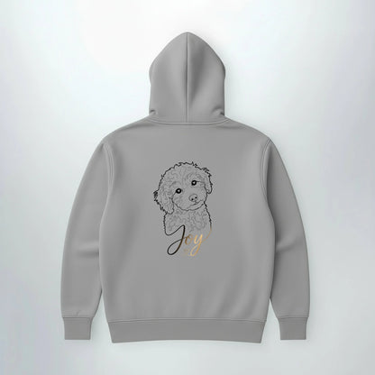 Grauer Hoodie mit Hundemotiv als Line-Art und Name Joy, Rückansicht