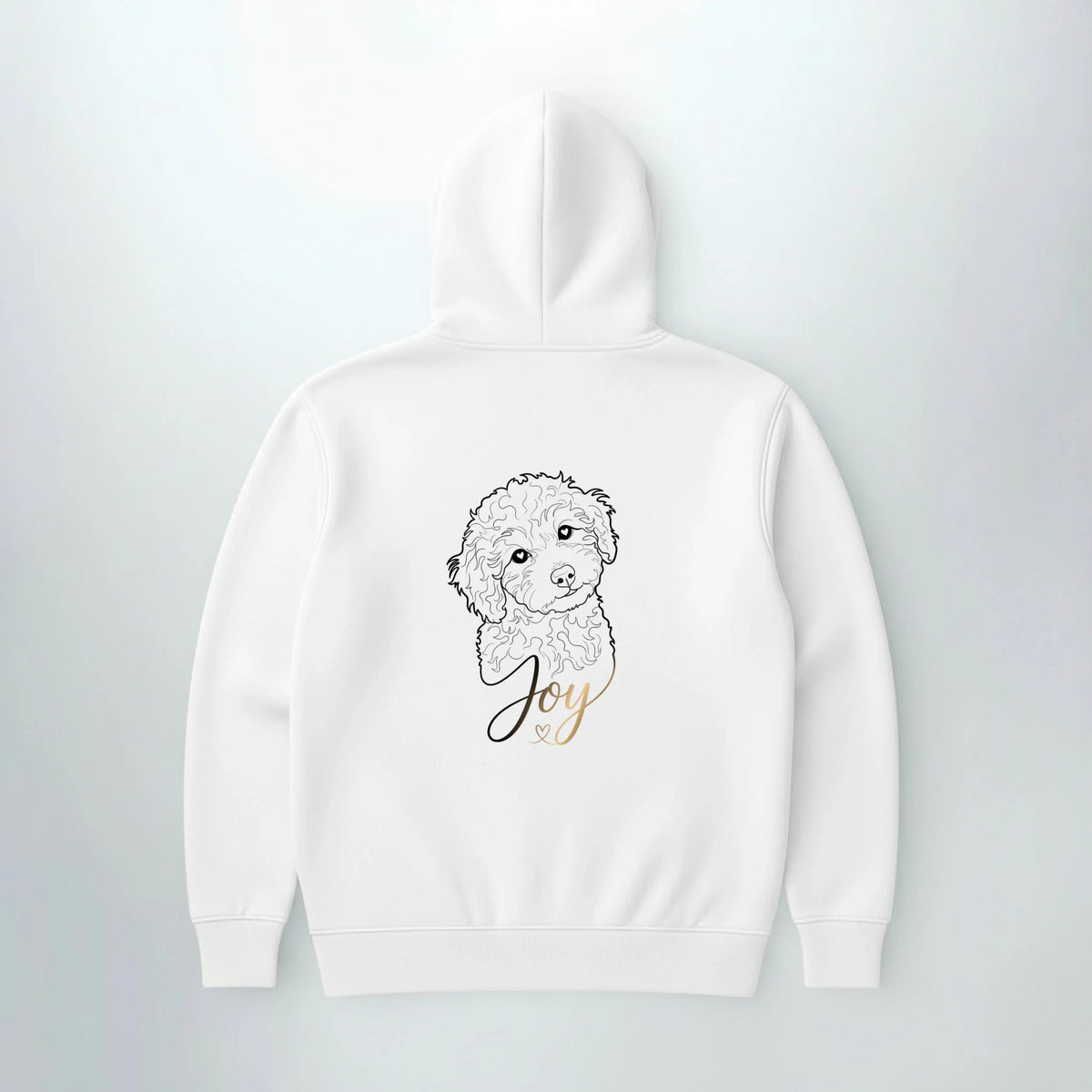 Weißer Hoodie mit personalisierter Hundezeichnung Joy auf der Rückseite
