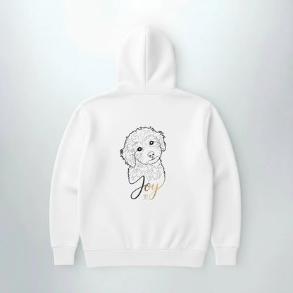 Weißer Hoodie mit personalisierter Hundezeichnung Joy auf der Rückseite