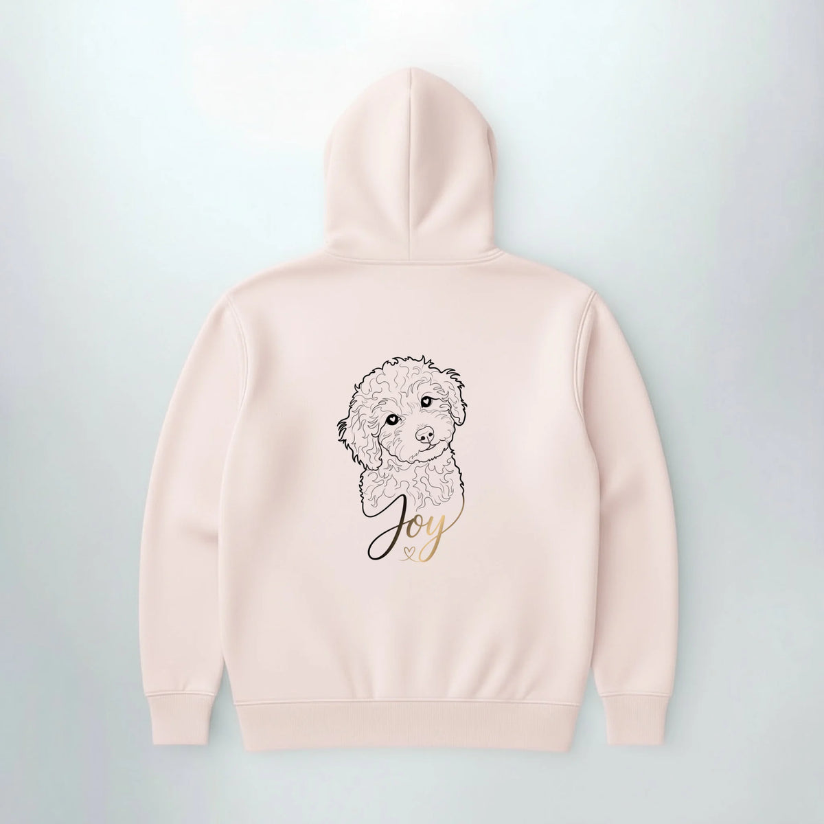 Rosa Hoodie mit Line-Art vom eigenen Hund und Name in Gold