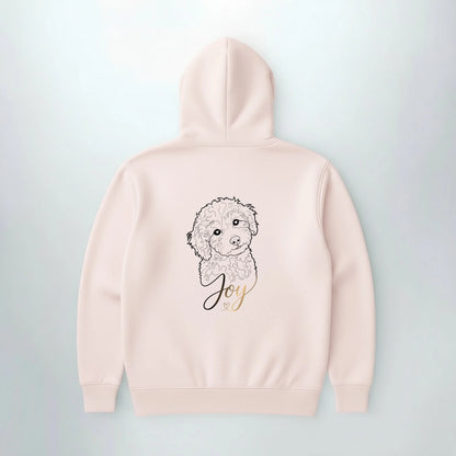 Rosa Hoodie mit Line-Art vom eigenen Hund und Name in Gold