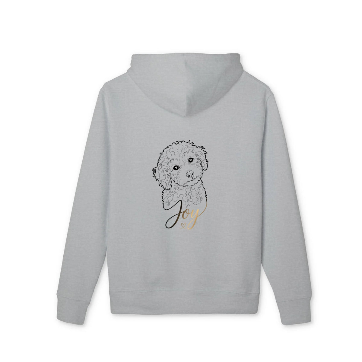 Grauer Premium Hoodie mit personalisierter Hundezeichnung auf dem Rücken