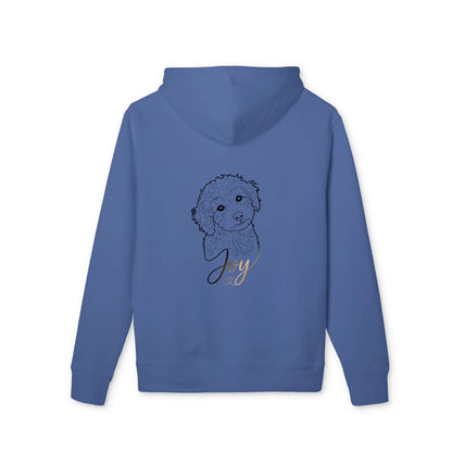 Blauer Premium Hoodie mit Line-Art Zeichnung vom Pudel Joy