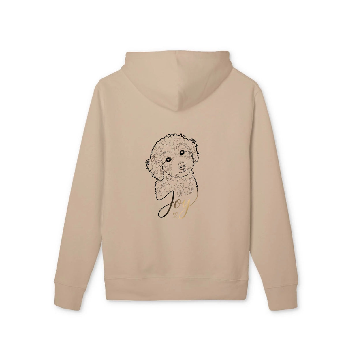 Premium Hoodie in Sand mit Hund als Line-Art und Name, Rückansicht