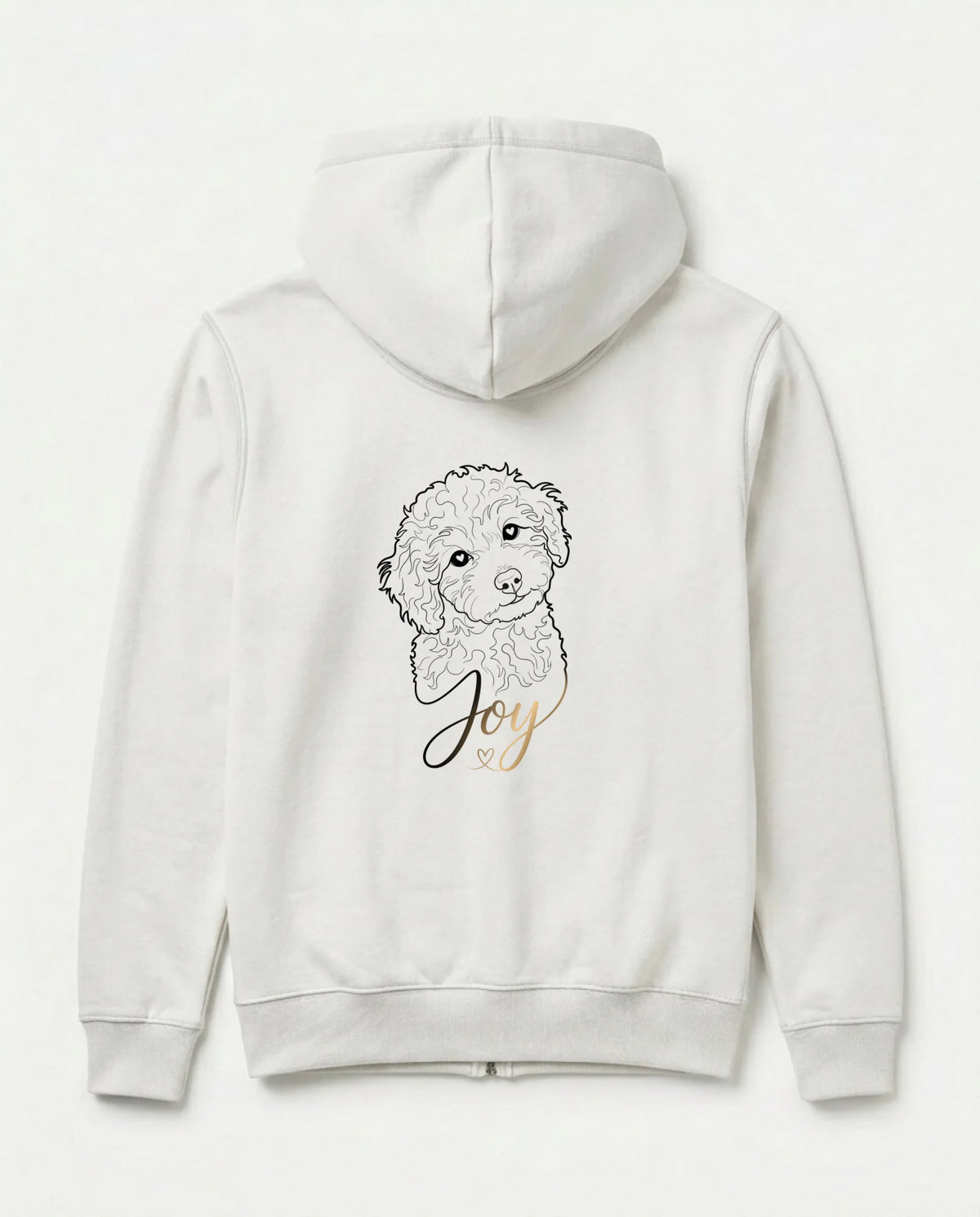 Weißer Zipper mit Hundezeichnung Joy als Line-Art auf dem Rücken