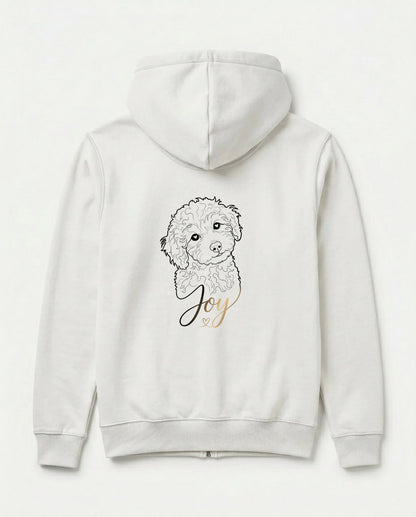 Weißer Zipper mit Hundezeichnung Joy als Line-Art auf dem Rücken