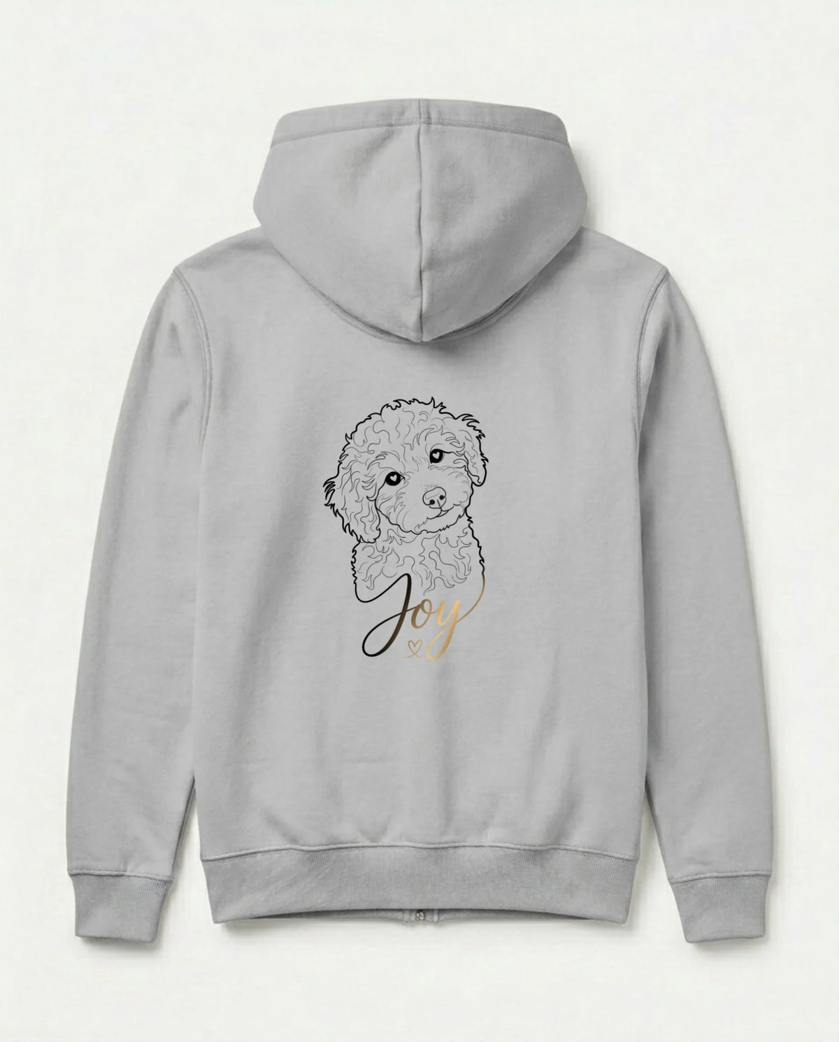 Hellgrauer Zipper mit Line-Art vom Hund und goldenem Namen