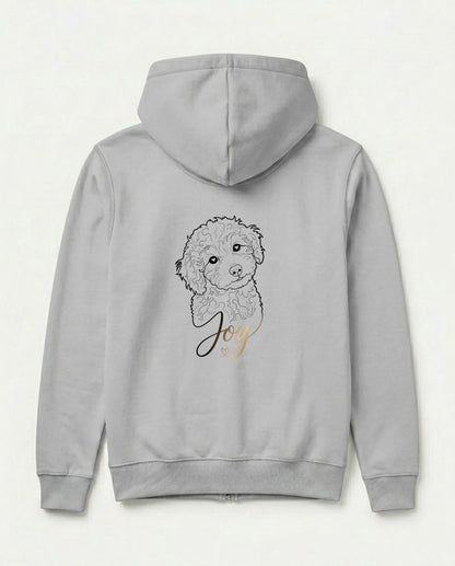 Hellgrauer Zipper mit Line-Art vom Hund und goldenem Namen