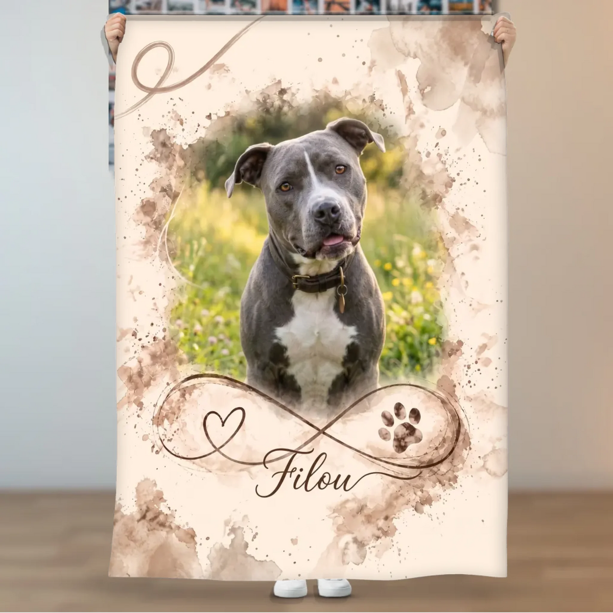 Kuscheldecke mit Hundefoto und Namen im Unendlichkeitszeichen, Premium-Decke mit Plüschschicht
