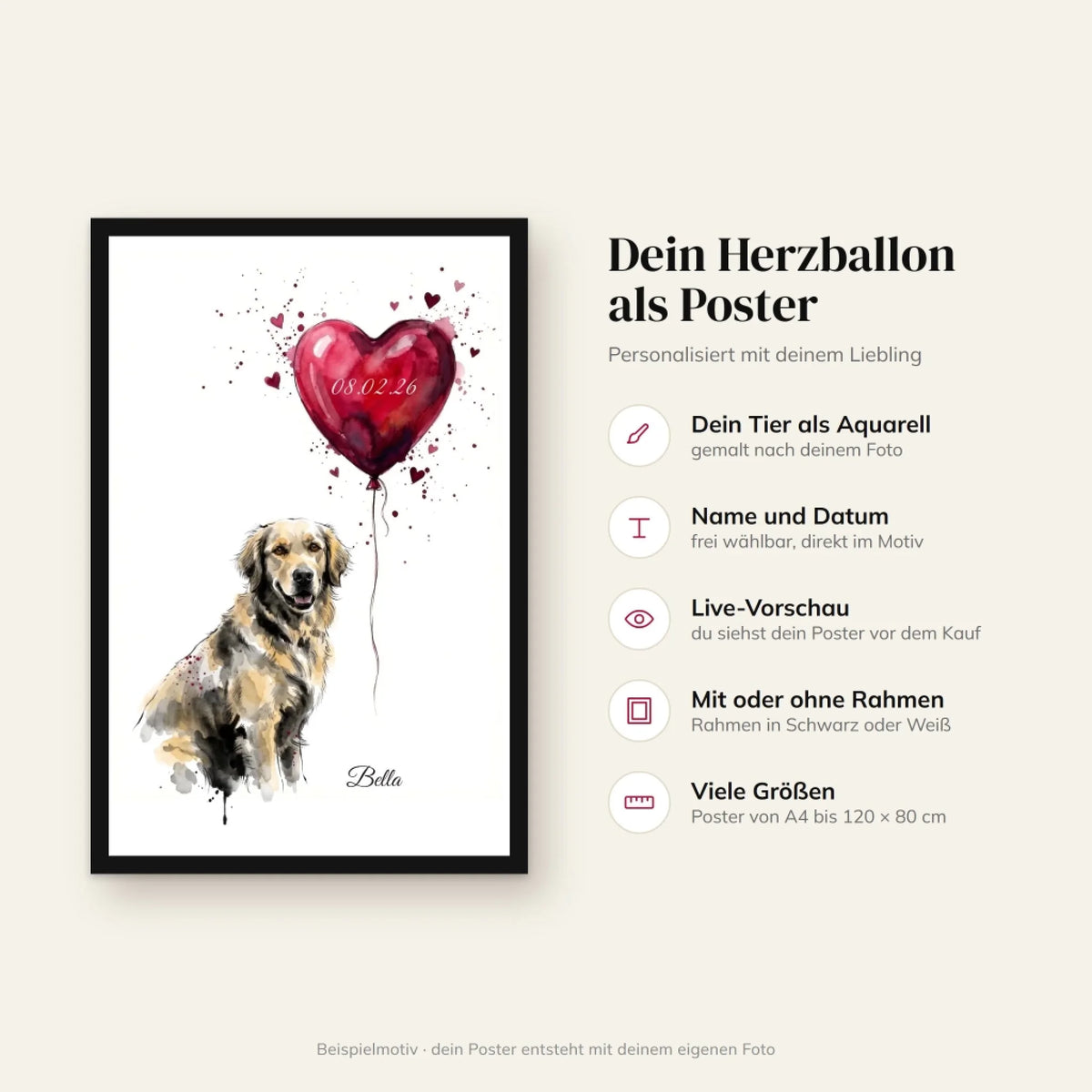 Infografik Herzballon-Poster: Aquarell nach deinem Foto, Name und Datum, Live-Vorschau, viele Größen