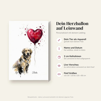 Infografik Herzballon-Leinwand: Aquarell nach deinem Foto, Name und Datum, 2 cm Keilrahmen, fünf Größen