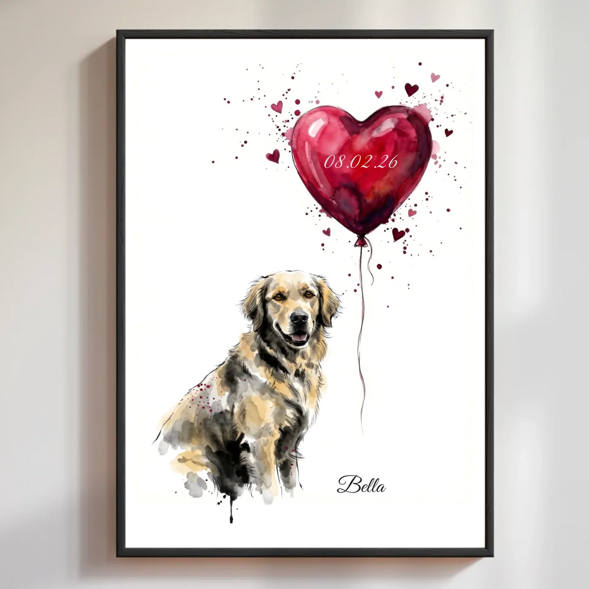 Personalisiertes Aquarell-Poster Herzballon im schwarzen Rahmen