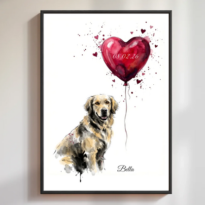Personalisiertes Aquarell-Poster Herzballon im schwarzen Rahmen