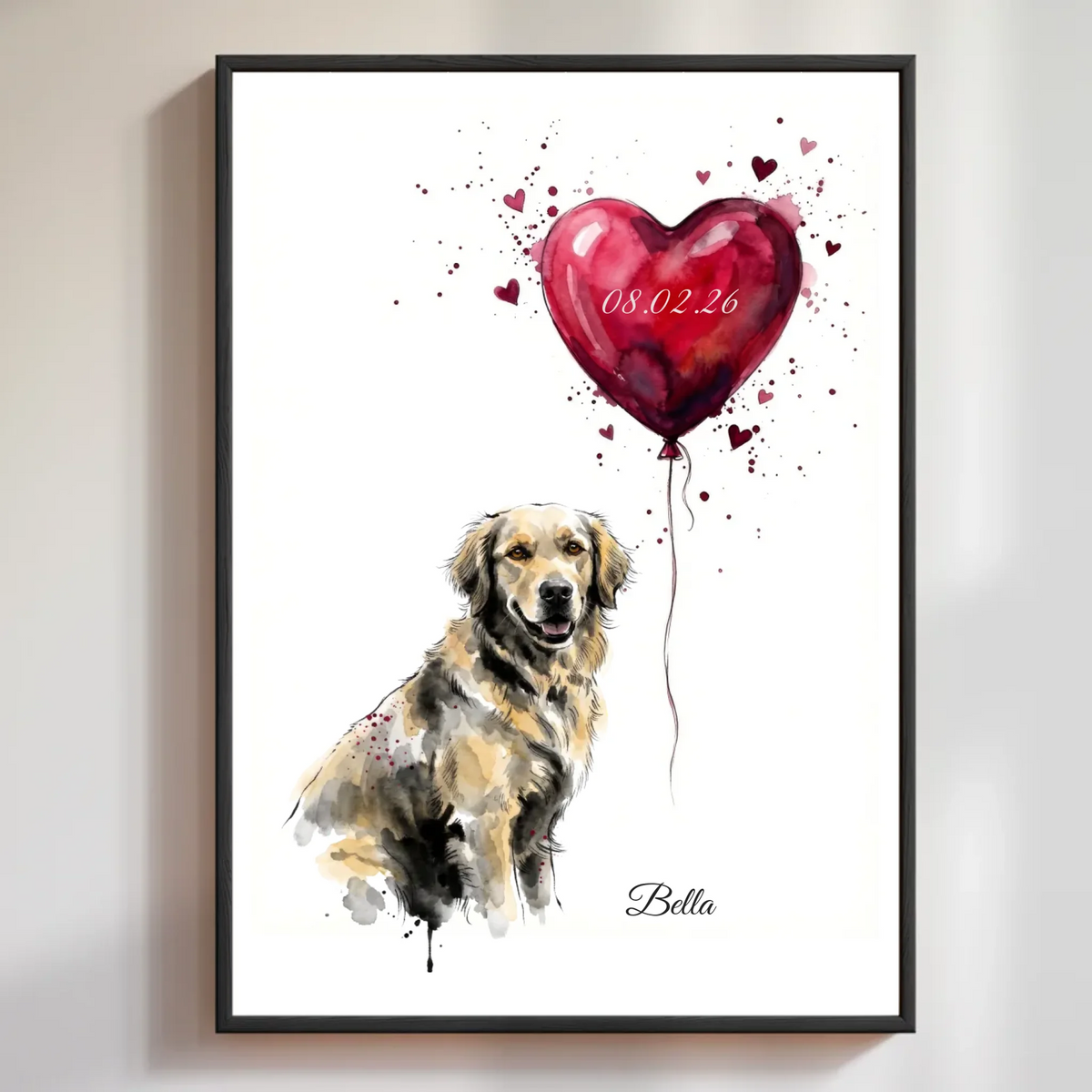 Personalisiertes Aquarell-Poster Herzballon mit deinem Haustier im Rahmen