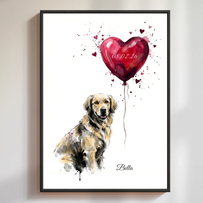 Personalisiertes Aquarell-Poster Herzballon mit deinem Haustier im Rahmen