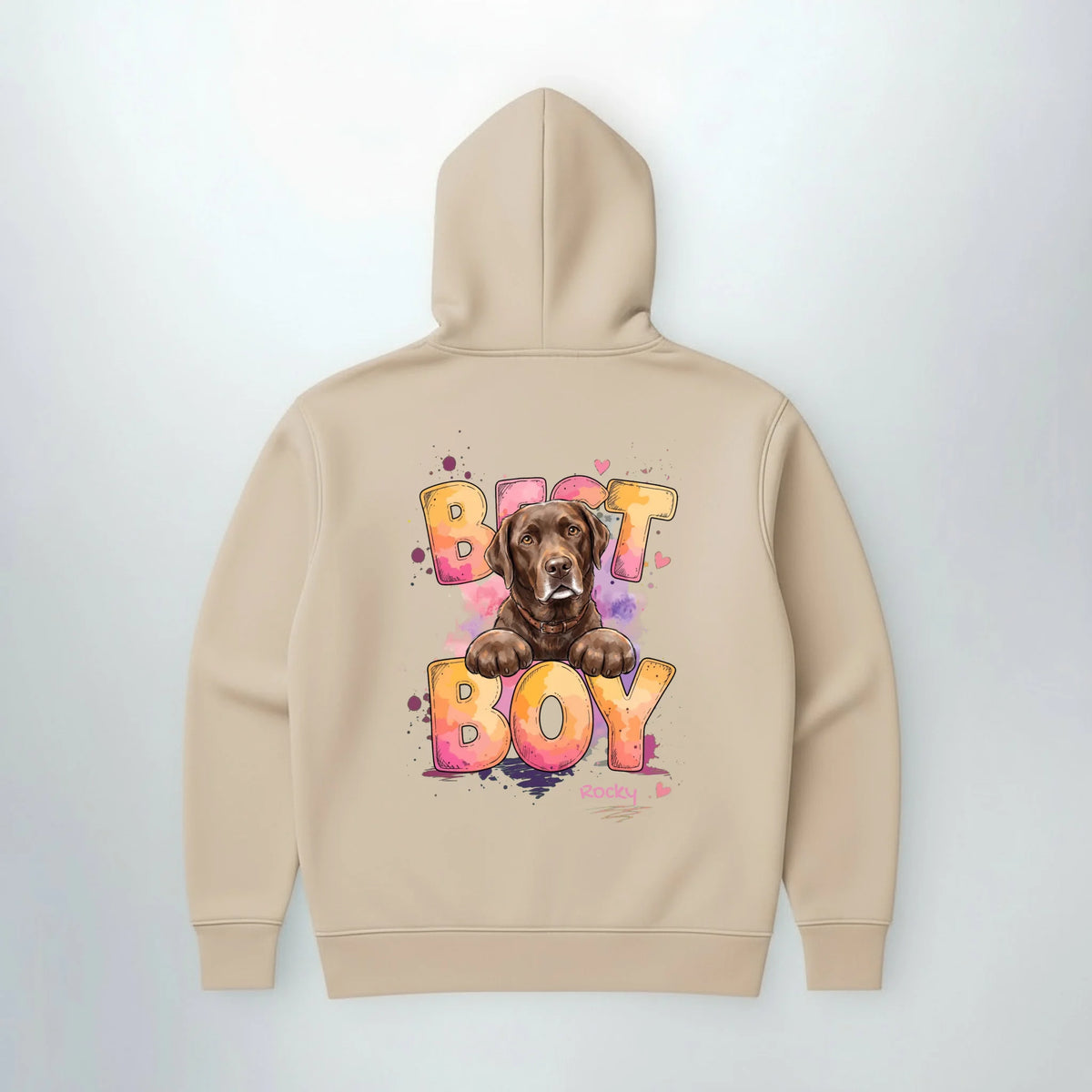 Personalisierter Hoodie mit Hund in Sand, Rückendruck Best Boy | Fellverliebt.store