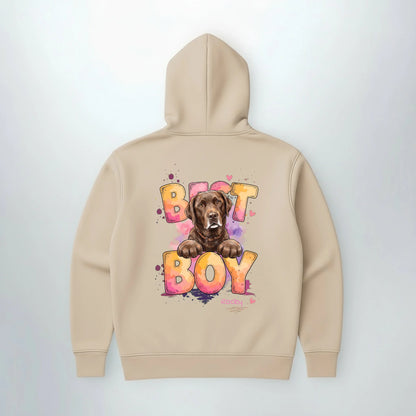 Personalisierter Hoodie mit Hund in Sand, Rückendruck Best Boy | Fellverliebt.store