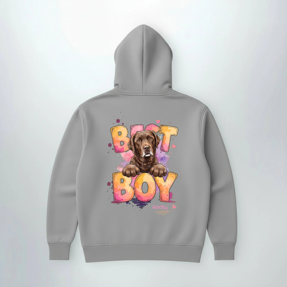Personalisierter Hoodie mit Hund in Grau, gemalter Hund auf dem Rücken | Fellverliebt.store