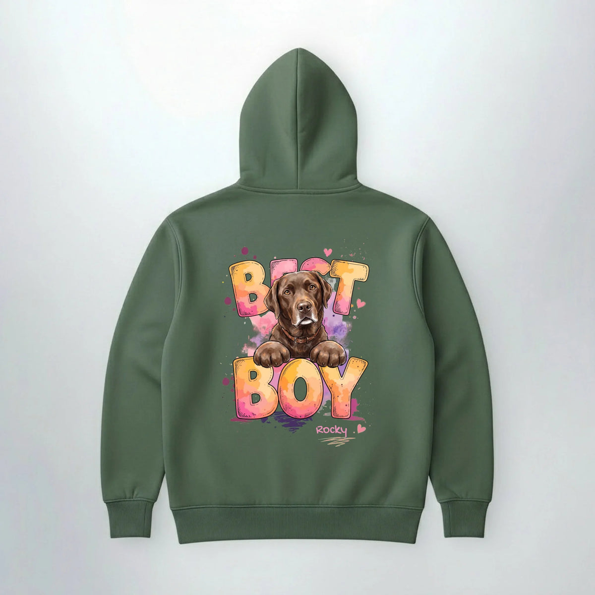 Personalisierter Hoodie mit Hund in Olivgrün mit Name, Rückansicht | Fellverliebt.store