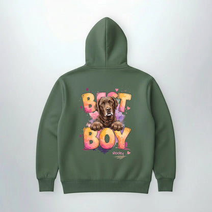 Personalisierter Hoodie mit Hund in Olivgrün mit Name, Rückansicht | Fellverliebt.store