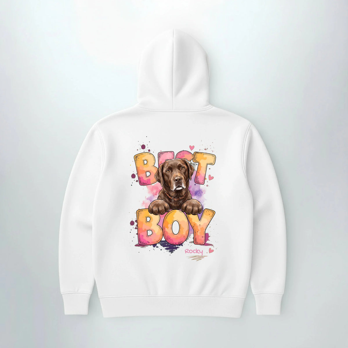 Personalisierter Hoodie mit Hund in Weiß, gemalter Hund und Name auf dem Rücken | Fellverliebt.store