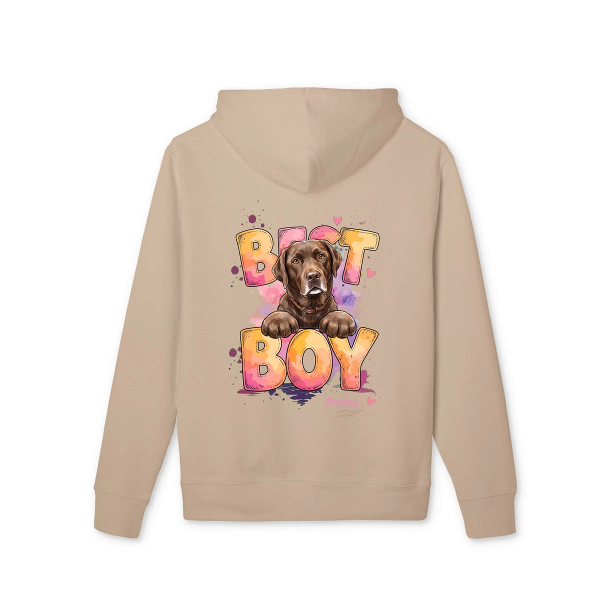 Premium Hoodie mit Hund in Sand, personalisierter Rückendruck | Fellverliebt.store