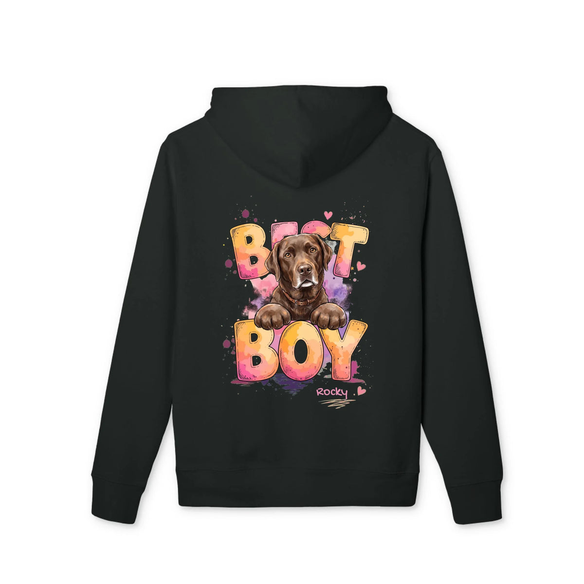 Premium Hoodie mit Hund in Schwarz, personalisierter Hund auf dem Rücken | Fellverliebt.store