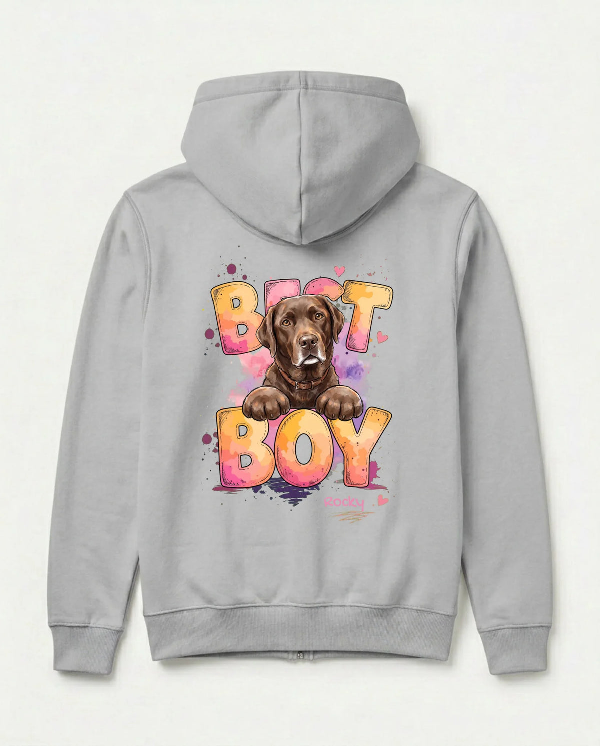 Personalisierter Zipper mit Hund in Hellgrau, Hund und Name auf dem Rücken | Fellverliebt.store