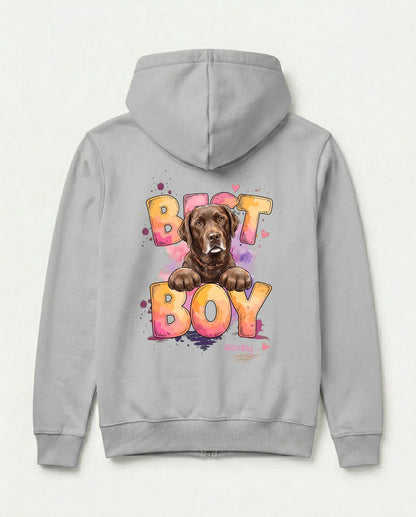 Personalisierter Zipper mit Hund in Hellgrau, Hund und Name auf dem Rücken | Fellverliebt.store
