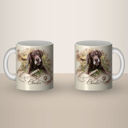 Live-Vorschau der Tasse mit Foto und Namen „Unendliche Liebe“, vorne und hinten bedruckt