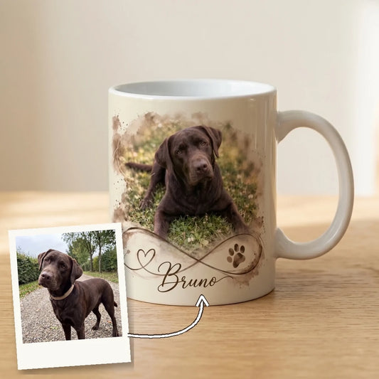 Personalisierte Tasse mit Foto und Namen: Labrador im Unendlichkeitszeichen, daneben das Originalfoto als Polaroid