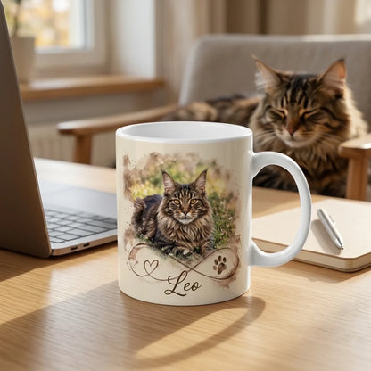 Personalisierte Tasse mit Katzenfoto auf dem Schreibtisch, Maine Coon im Hintergrund