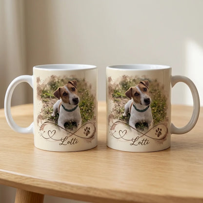 Zwei Tassen mit Hundefoto und Namen: das Jack-Russell-Motiv steht vorne und hinten auf der Tasse