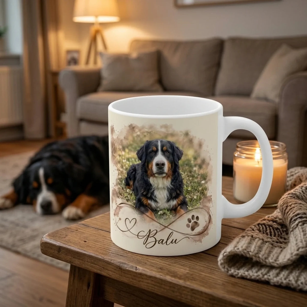Personalisierte Tasse mit Hund und Namen im Unendlichkeitszeichen auf dem Couchtisch am Abend
