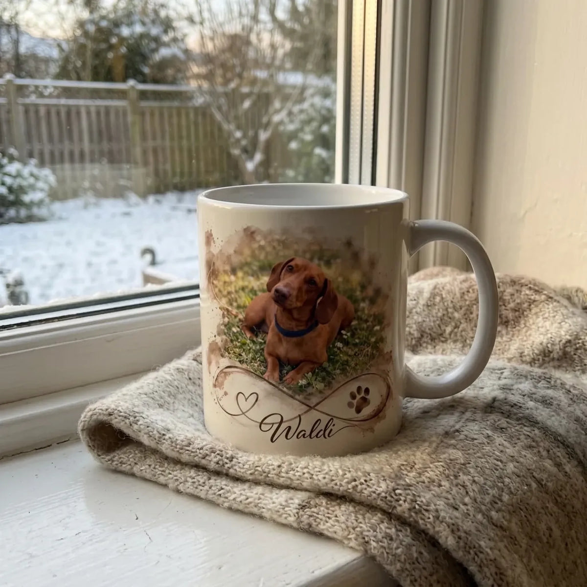 Tasse mit Hundefoto und Namen eines Dackels auf der Fensterbank im Winter