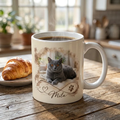 Personalisierte Tasse mit Katzenfoto und Namen auf dem Frühstückstisch in der Küche