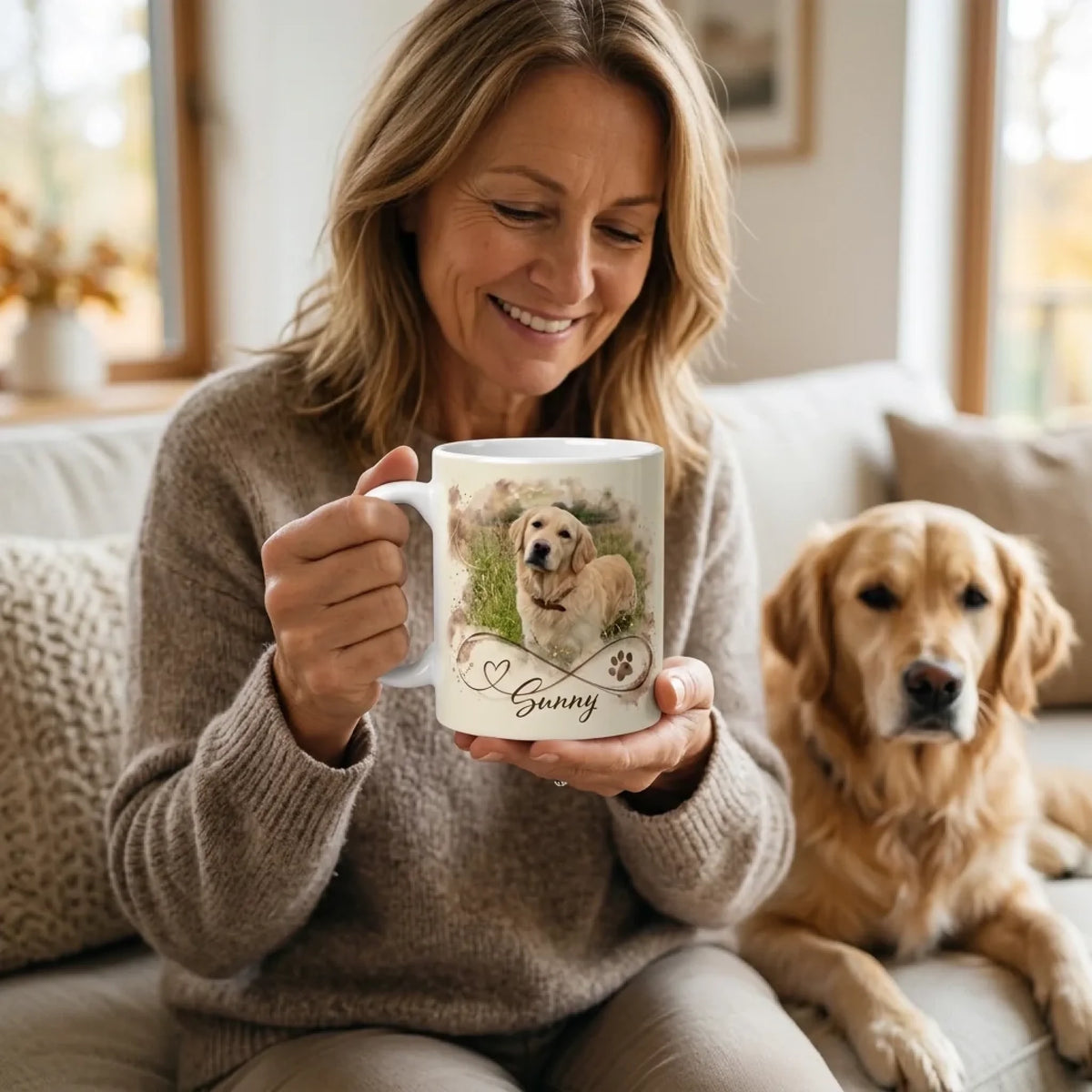 Frau hält personalisierte Tasse mit Hundefoto, ihr Golden Retriever liegt neben ihr auf dem Sofa