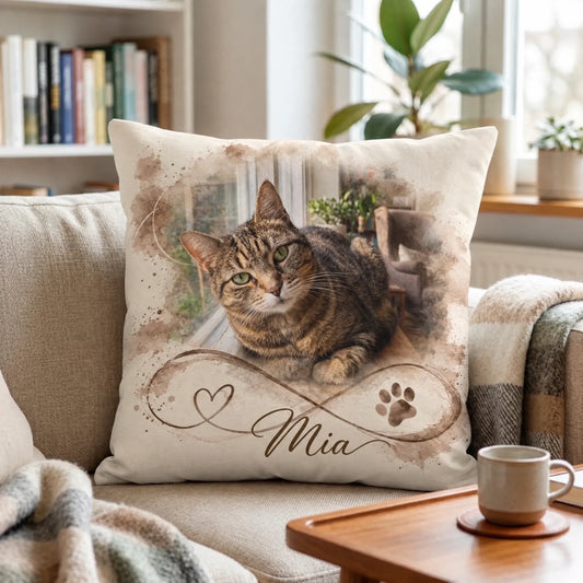 Personalisiertes Kissen mit Katzenfoto einer getigerten Katze und Namen auf dem Sofa