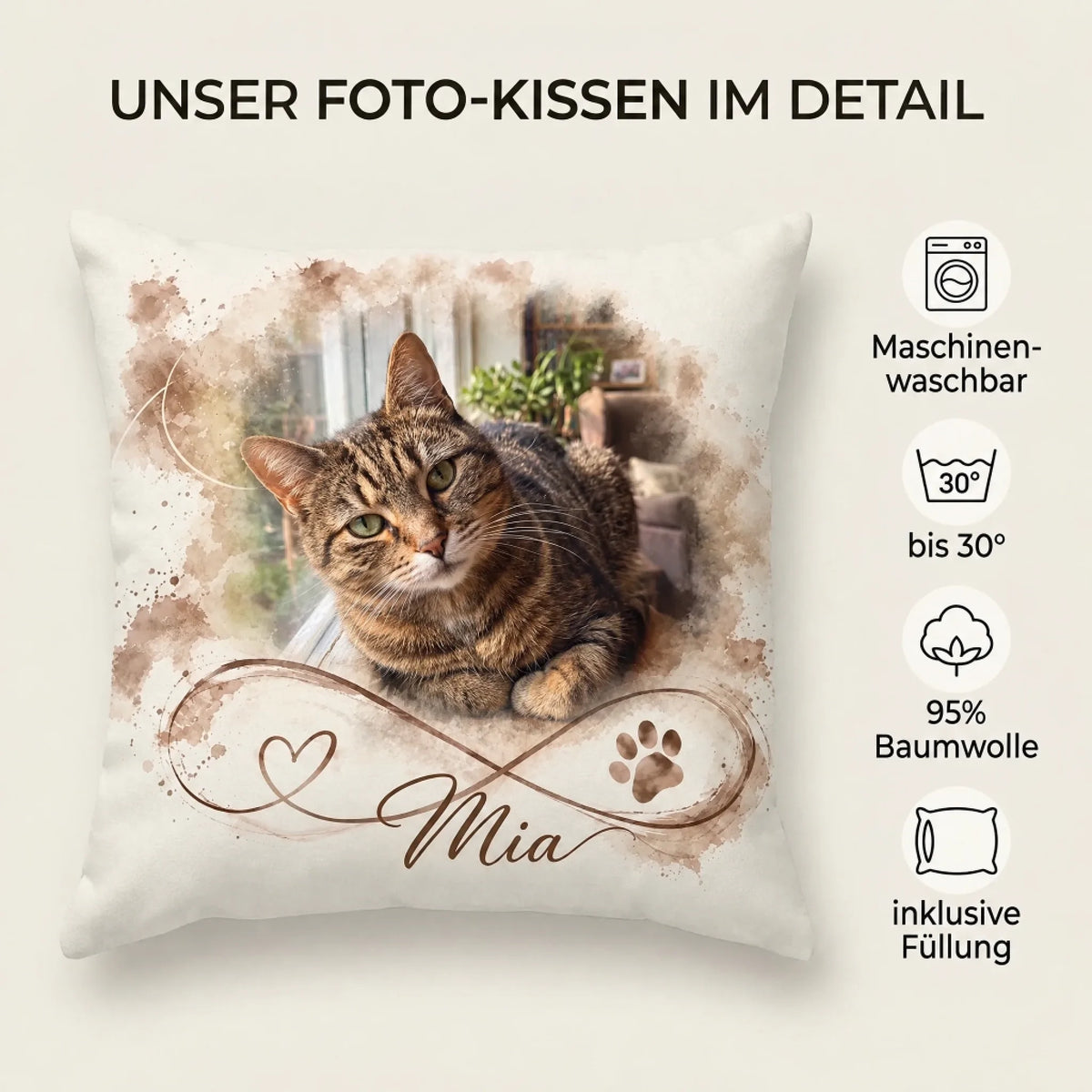 Fotokissen mit Katzenmotiv im Detail: maschinenwaschbar bis 30 Grad, 95 Prozent Baumwolle, inklusive Füllung