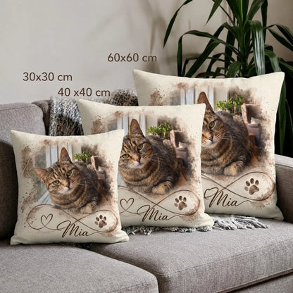 Personalisierte Kissen mit Katzenfoto in 30x30, 40x40 und 60x60 cm im Größenvergleich