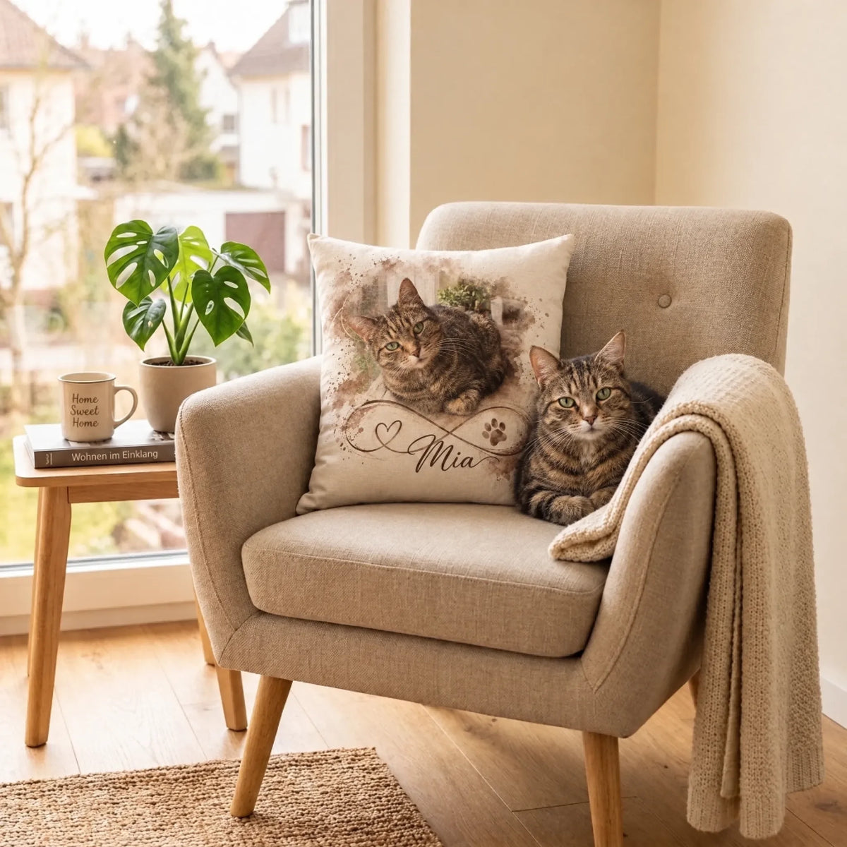 Katzenkissen mit eigenem Foto im Sessel, daneben die getigerte Katze