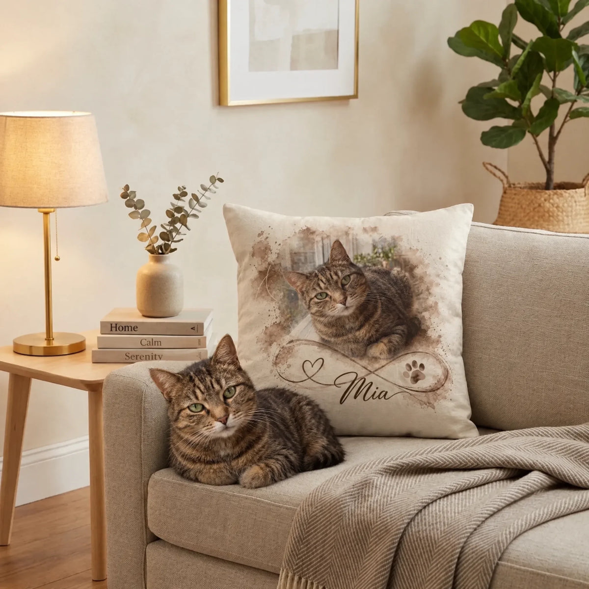 Dekokissen mit Foto der eigenen Katze und Namen im Wohnzimmer, die Katze liegt davor