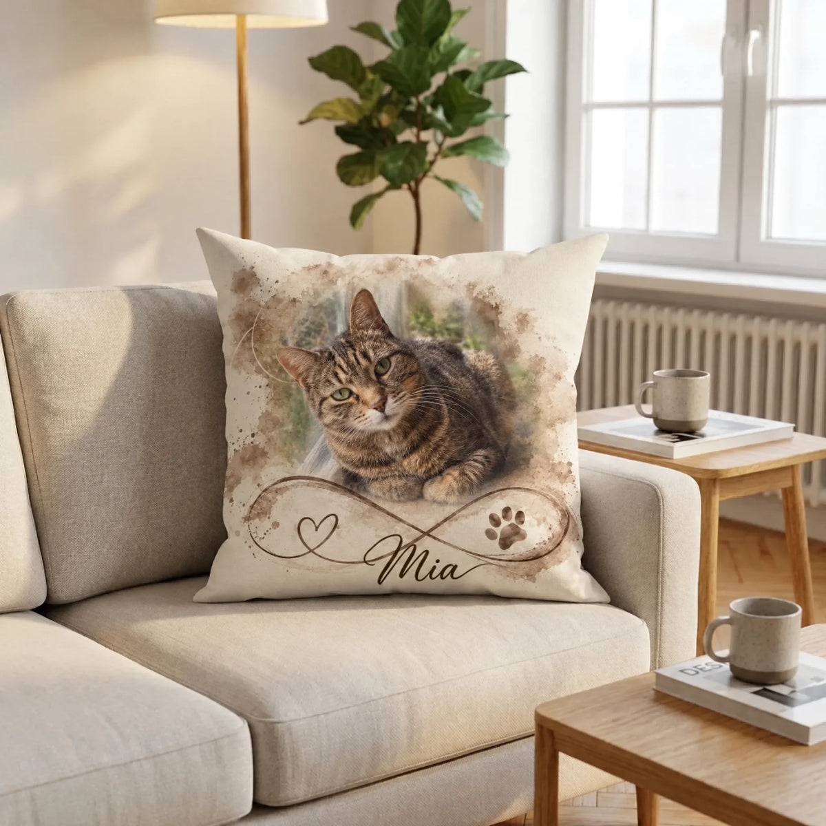 Geschenk für Katzenliebhaber: Kissen mit Katzenfoto, Herz, Pfote und Namen auf hellem Sofa