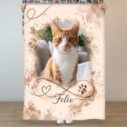 Personalisierte Decke mit Katzenfoto im Aquarell-Rahmen, Unendlichkeitszeichen mit Herz, Pfote und Namen