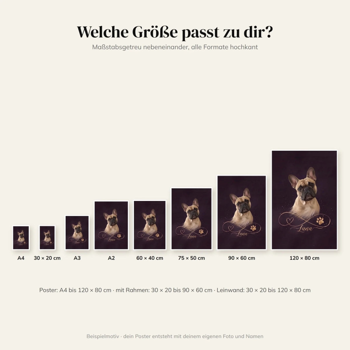 Größenvergleich Poster Unendliche Liebe Gold von A4 bis 120 x 80 cm