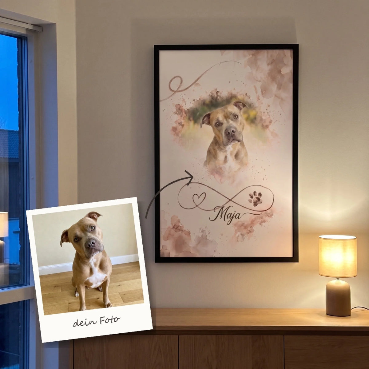 Personalisiertes Poster Unendliche Liebe mit Pitbull und Name, daneben das Originalfoto als Polaroid