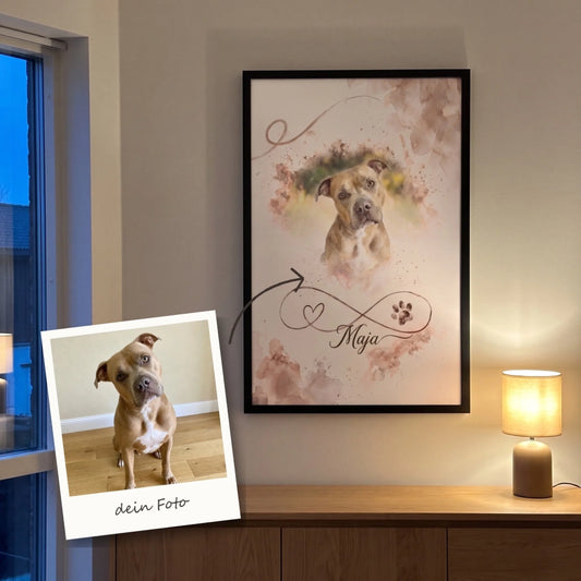 Personalisiertes Poster Unendliche Liebe mit Pitbull und Name, daneben das Originalfoto als Polaroid